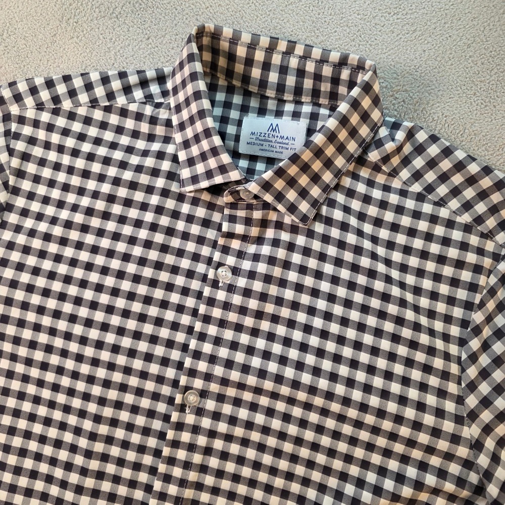 Mizzen+Main Mens Medium Tall Trim Fit Gingham Performance Dress Shirt Navy White